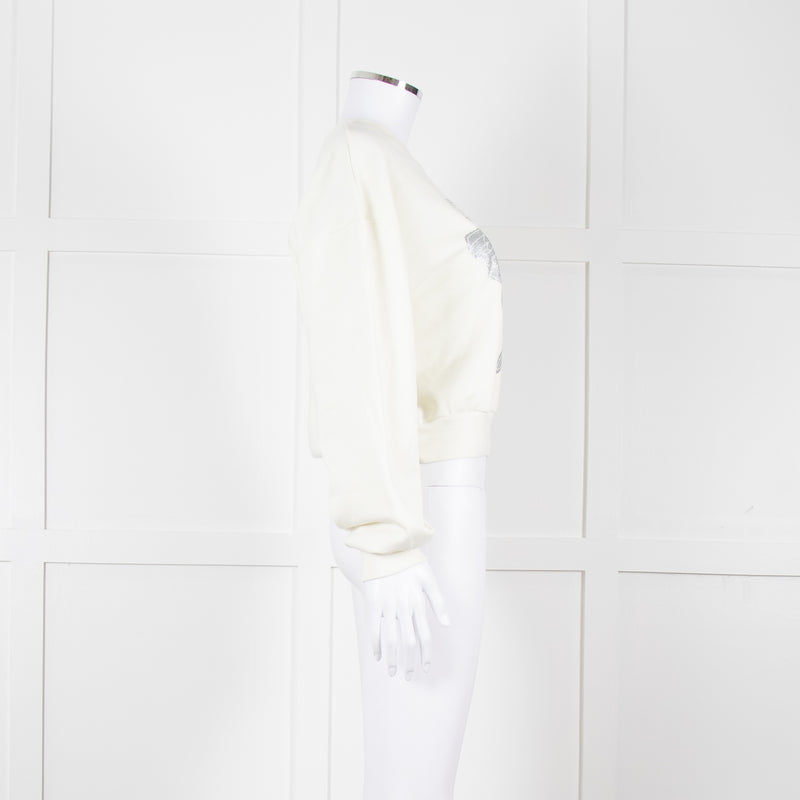 Ganni Ivory Cotton Cropped Sweatshirt With Silver Butterfly Motif