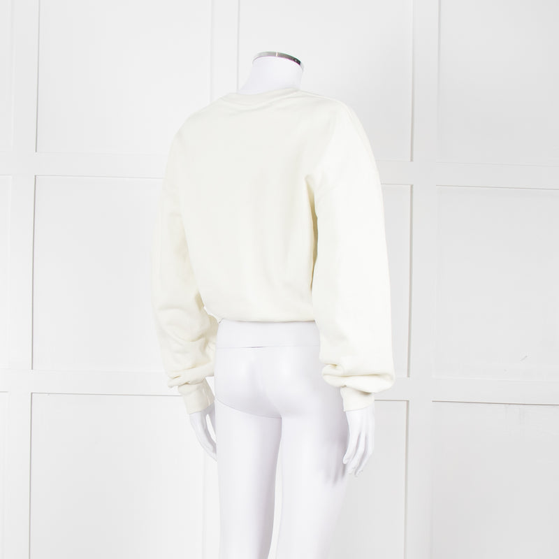 Ganni Ivory Cotton Cropped Sweatshirt With Silver Butterfly Motif