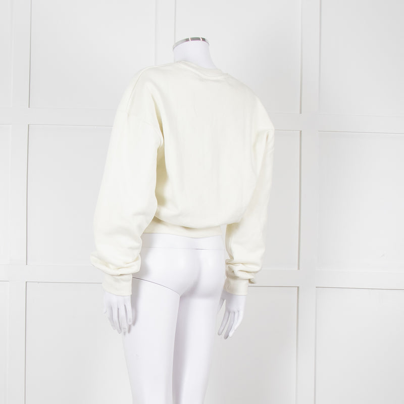 Ganni Ivory Cotton Cropped Sweatshirt With Silver Butterfly Motif