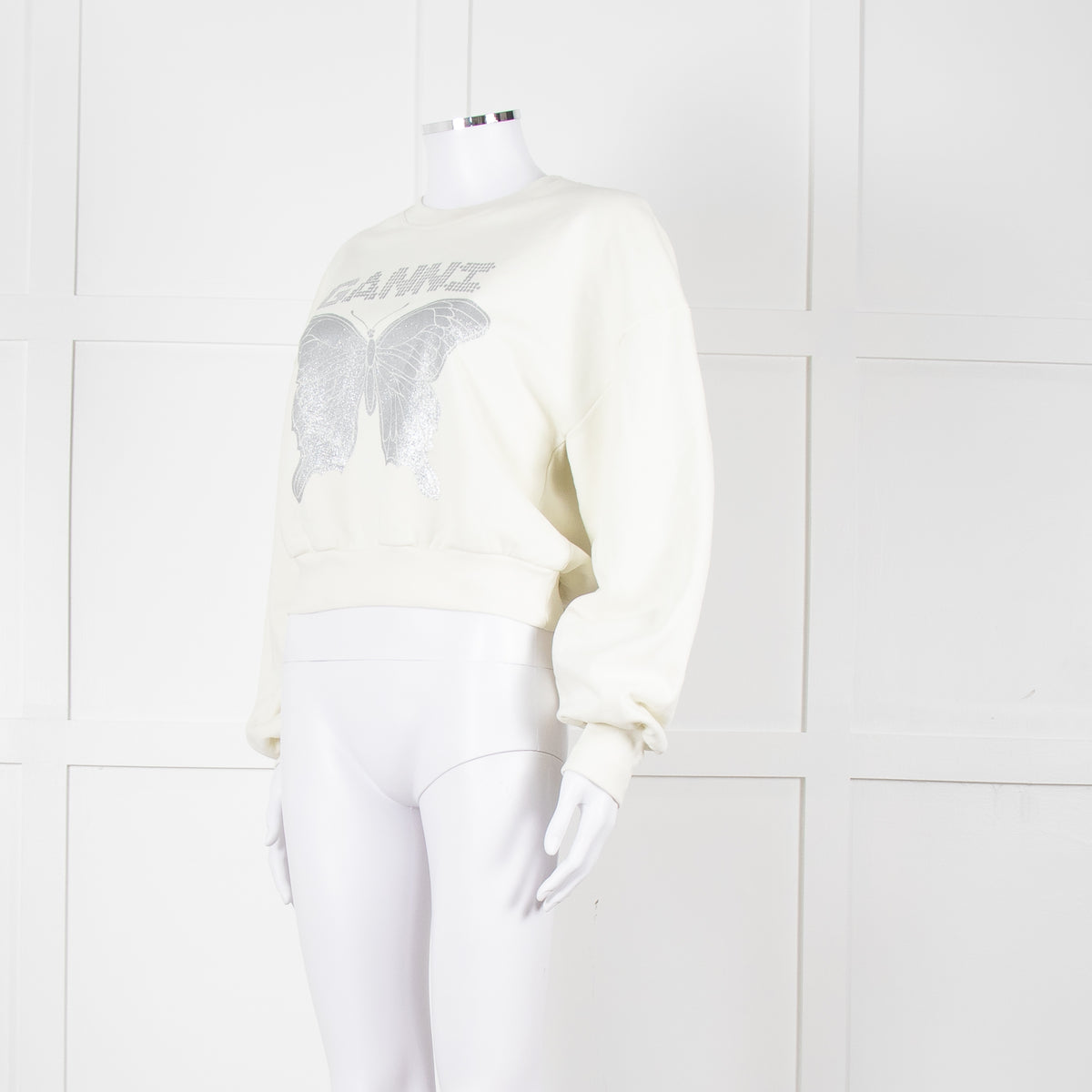 Ganni Ivory Cotton Cropped Sweatshirt With Silver Butterfly Motif