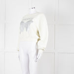 Ganni Ivory Cotton Cropped Sweatshirt With Silver Butterfly Motif