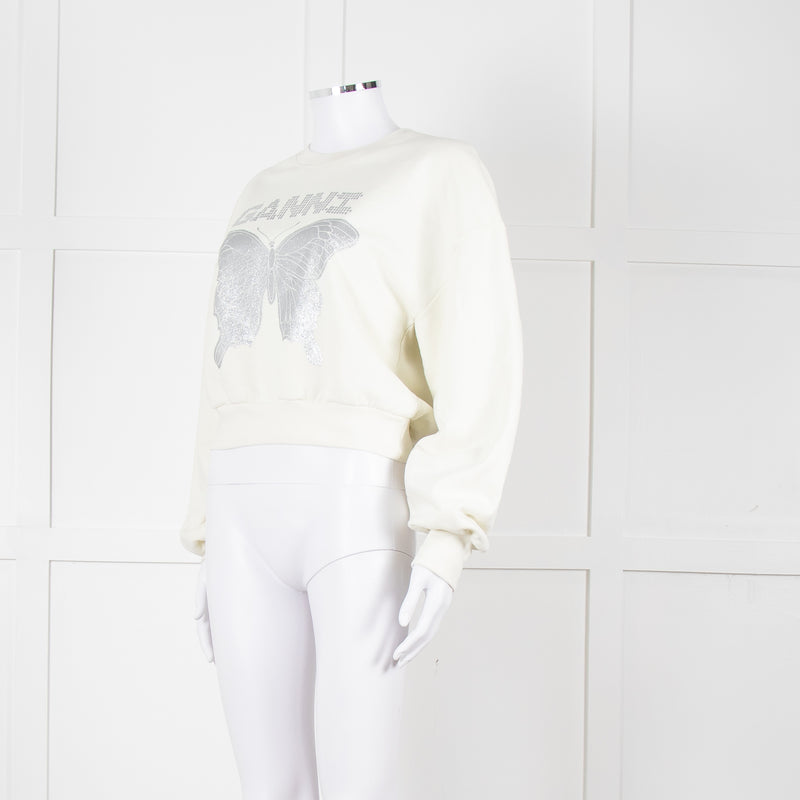 Ganni Ivory Cotton Cropped Sweatshirt With Silver Butterfly Motif