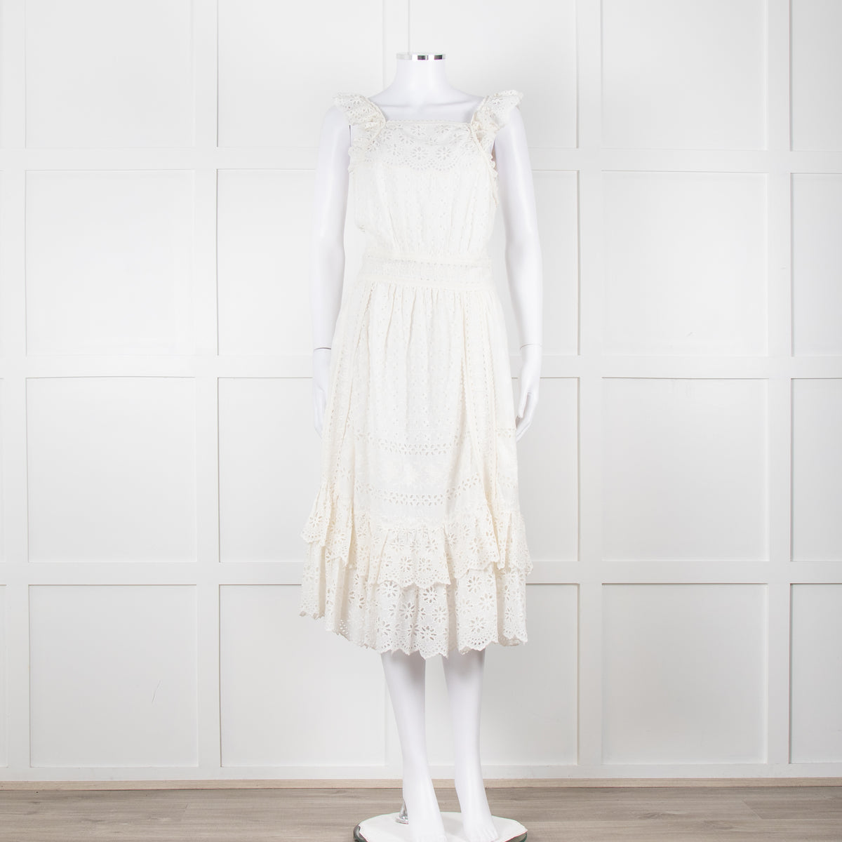 Ulla Johnson Cream Broderie Anglaise Strappy Dress With Frill Tier