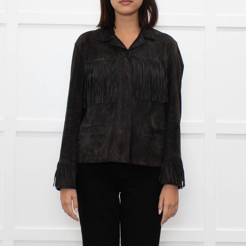 All Saints Grey Suede Fringed Zip Up Jacket