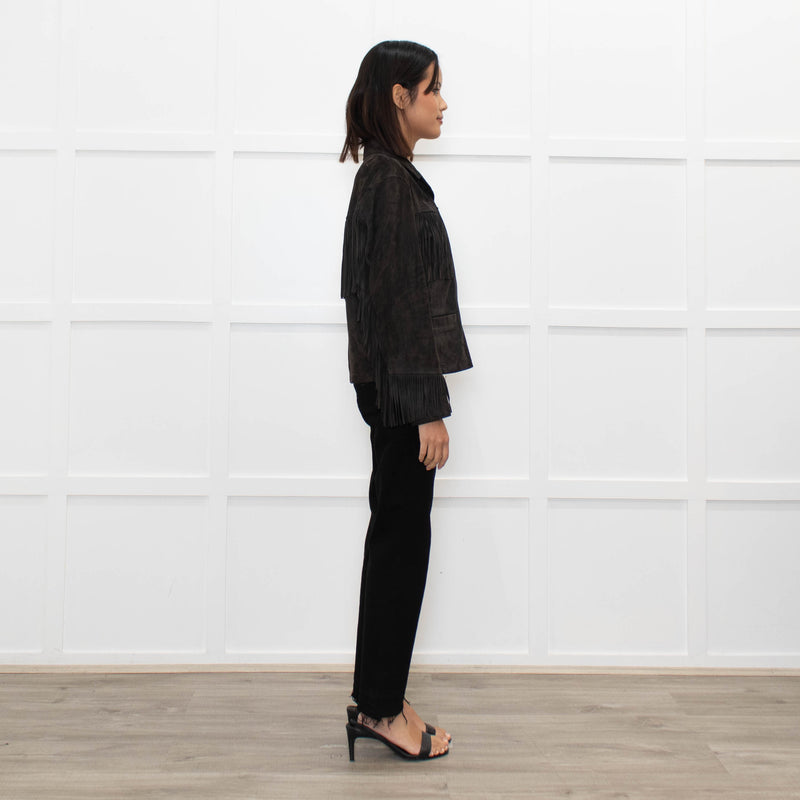 All Saints Grey Suede Fringed Zip Up Jacket