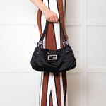 Fendi Black Satin Crystal Buckle Baguette Bag