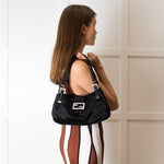Fendi Black Satin Crystal Buckle Baguette Bag