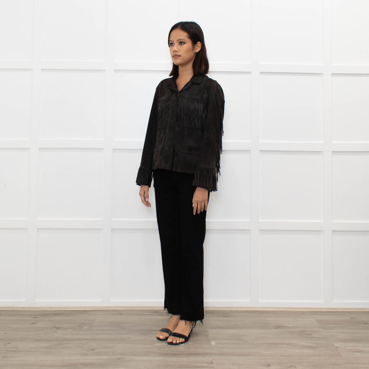 All Saints Grey Suede Fringed Zip Up Jacket