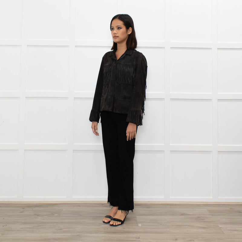 All Saints Grey Suede Fringed Zip Up Jacket