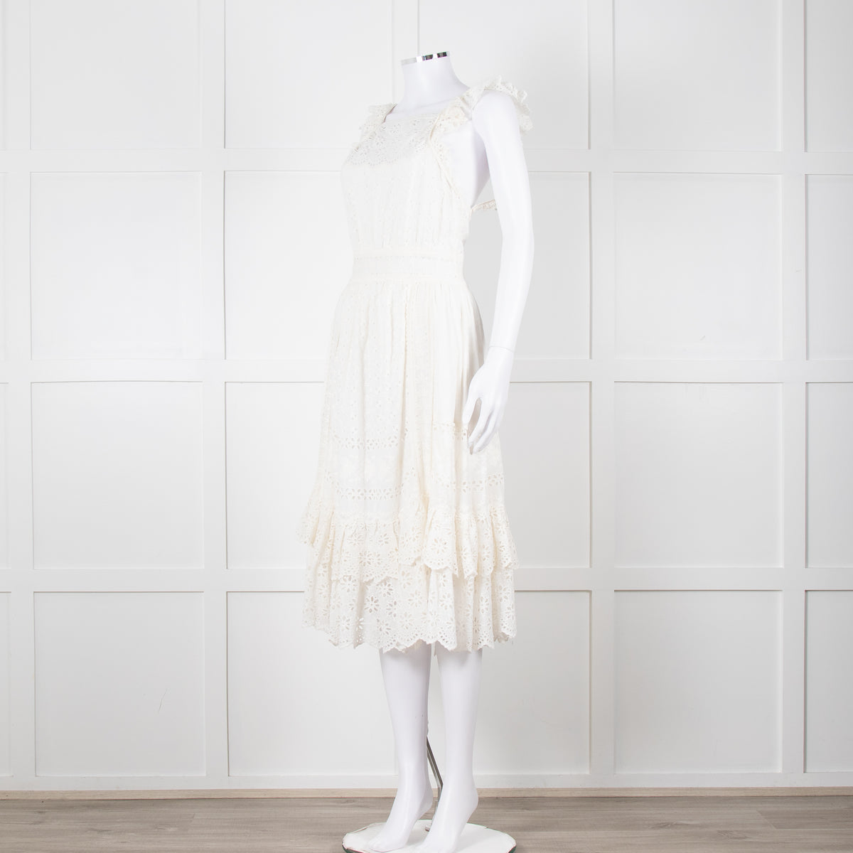 Ulla Johnson Cream Broderie Anglaise Strappy Dress With Frill Tier