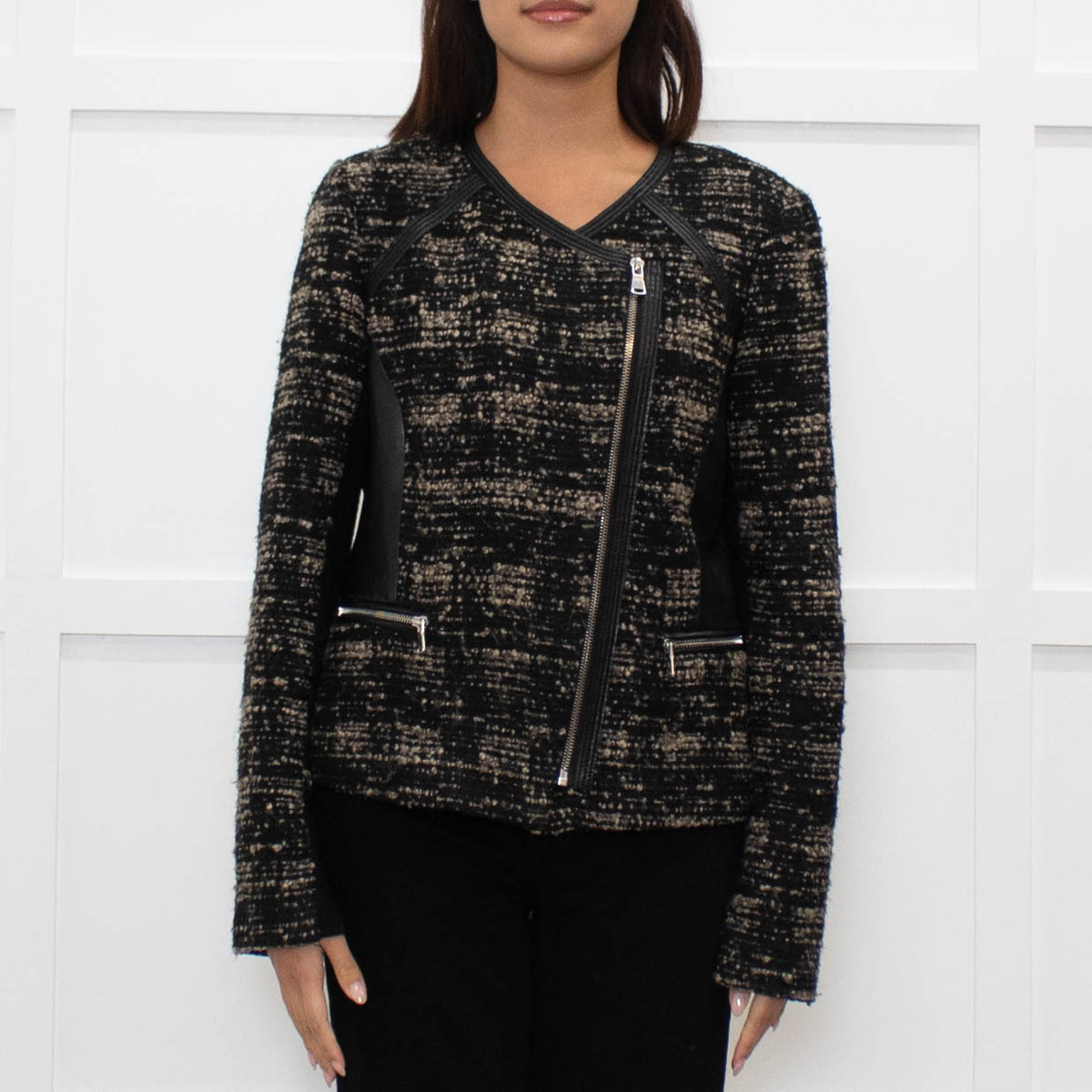 Rebecca Taylor Brown and Black Tweed Zip Jacket with Leather Trim