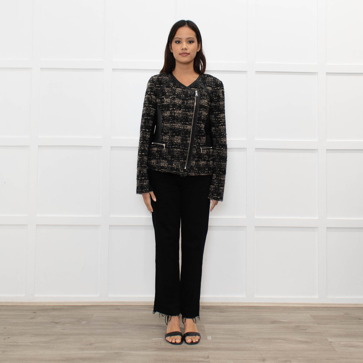 Rebecca Taylor Brown and Black Tweed Zip Jacket with Leather Trim
