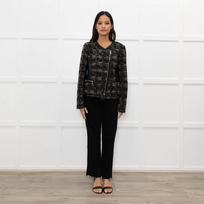 Rebecca Taylor Brown and Black Tweed Zip Jacket with Leather Trim
