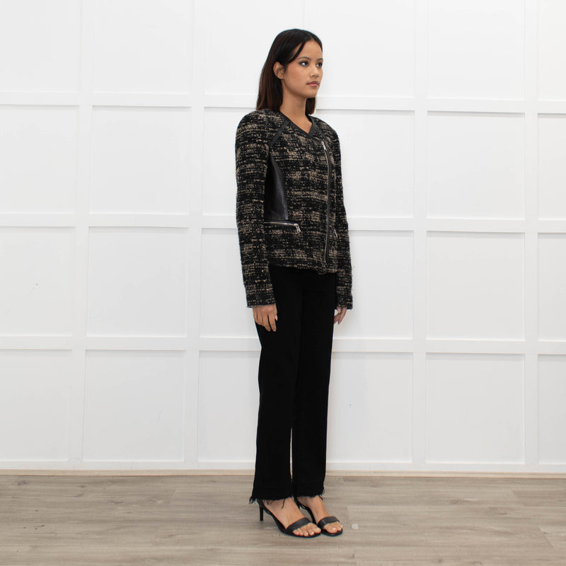 Rebecca Taylor Brown and Black Tweed Zip Jacket with Leather Trim