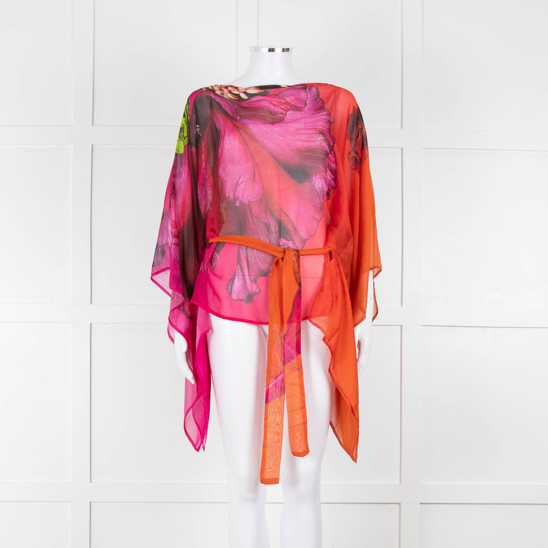 Roberto Cavalli Pink and Orange Silk Draped Tie Waist Plumage Kaftan Top