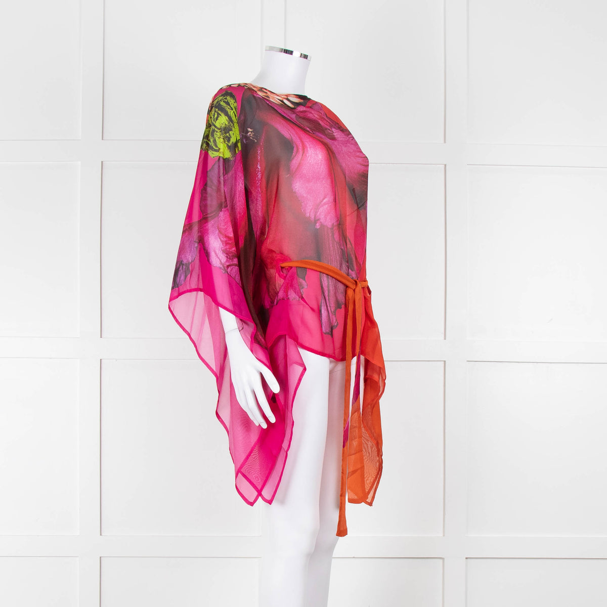 Roberto Cavalli Pink and Orange Silk Draped Tie Waist Plumage Kaftan Top