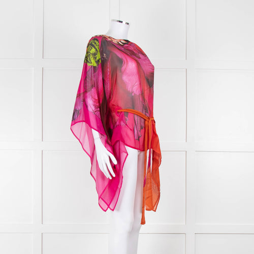 Roberto Cavalli Pink and Orange Silk Draped Tie Waist Plumage Kaftan Top
