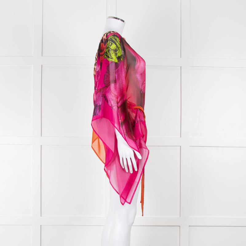 Roberto Cavalli Pink and Orange Silk Draped Tie Waist Plumage Kaftan Top