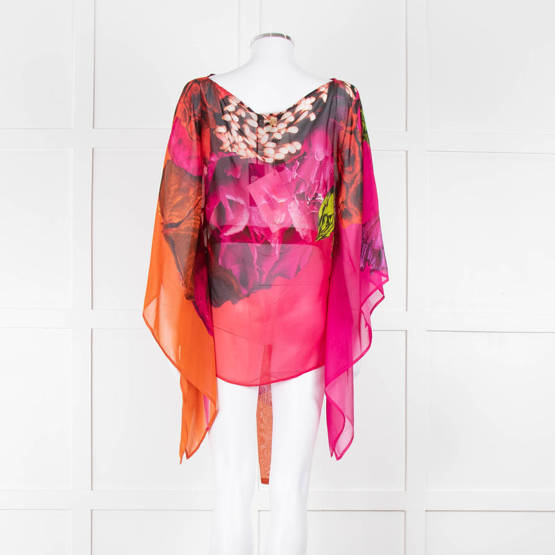 Roberto Cavalli Pink and Orange Silk Draped Tie Waist Plumage Kaftan Top