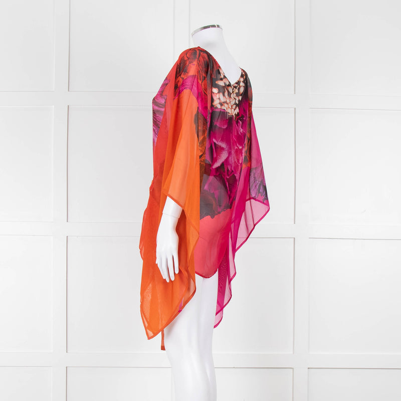 Roberto Cavalli Pink and Orange Silk Draped Tie Waist Plumage Kaftan Top
