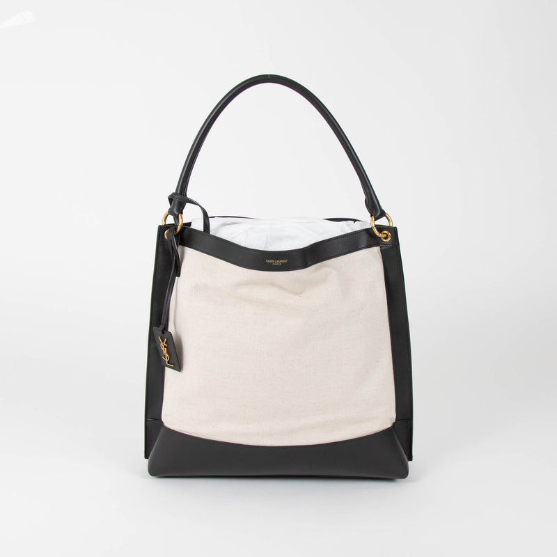 Saint Laurent White & Black Tag Hobo in Canvas and Leather Bag