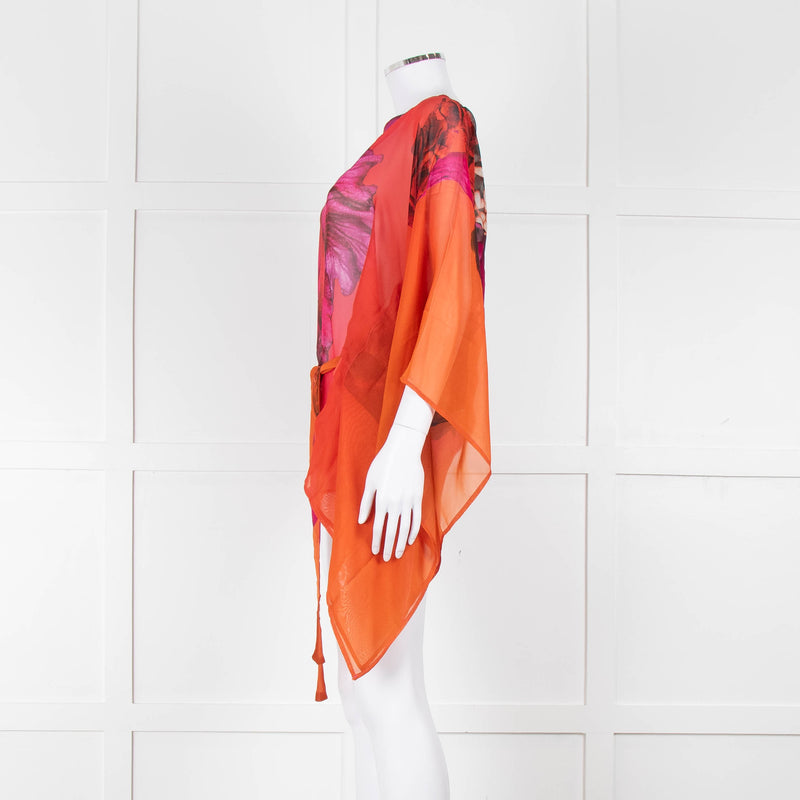 Roberto Cavalli Pink and Orange Silk Draped Tie Waist Plumage Kaftan Top