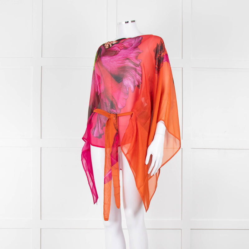 Roberto Cavalli Pink and Orange Silk Draped Tie Waist Plumage Kaftan Top