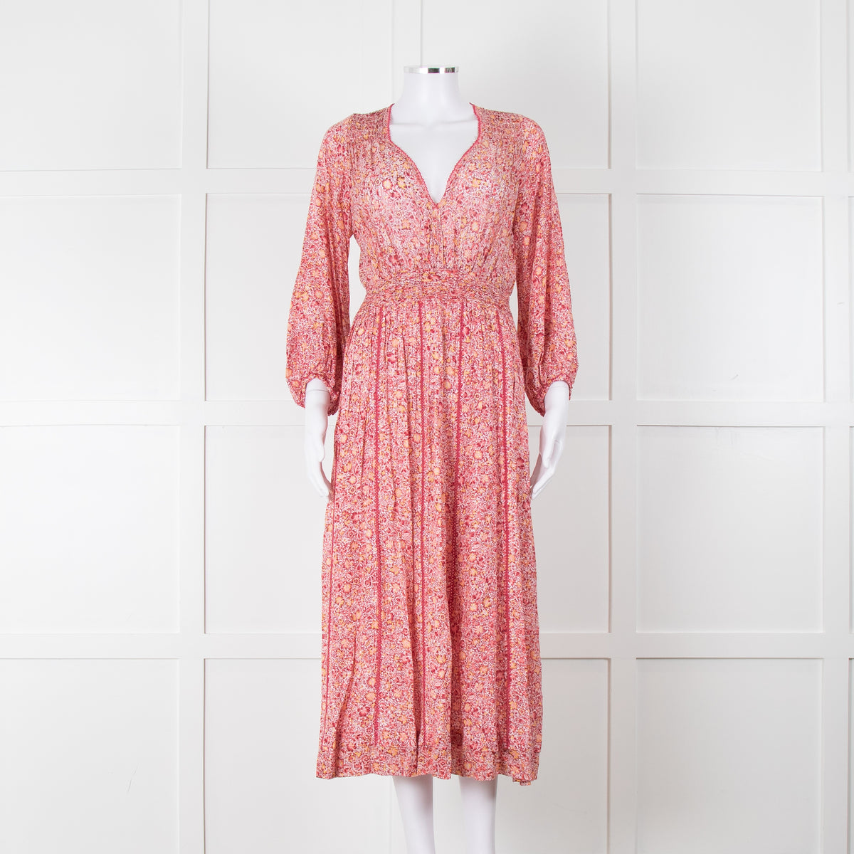 Poupette St Barth Pink Floral Long Sleeve Midi Dress