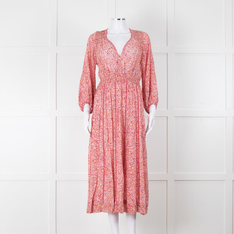 Poupette St Barth Pink Floral Long Sleeve Midi Dress