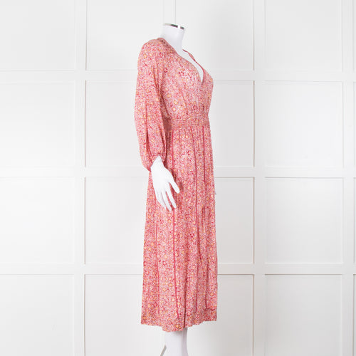 Poupette St Barth Pink Floral Long Sleeve Midi Dress