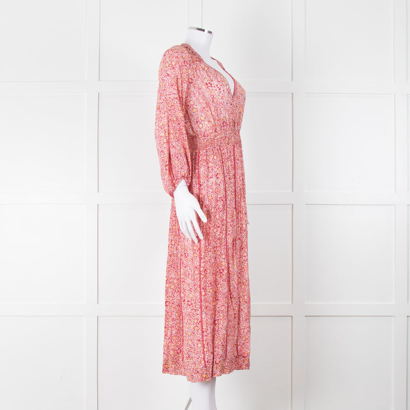 Poupette St Barth Pink Floral Long Sleeve Midi Dress