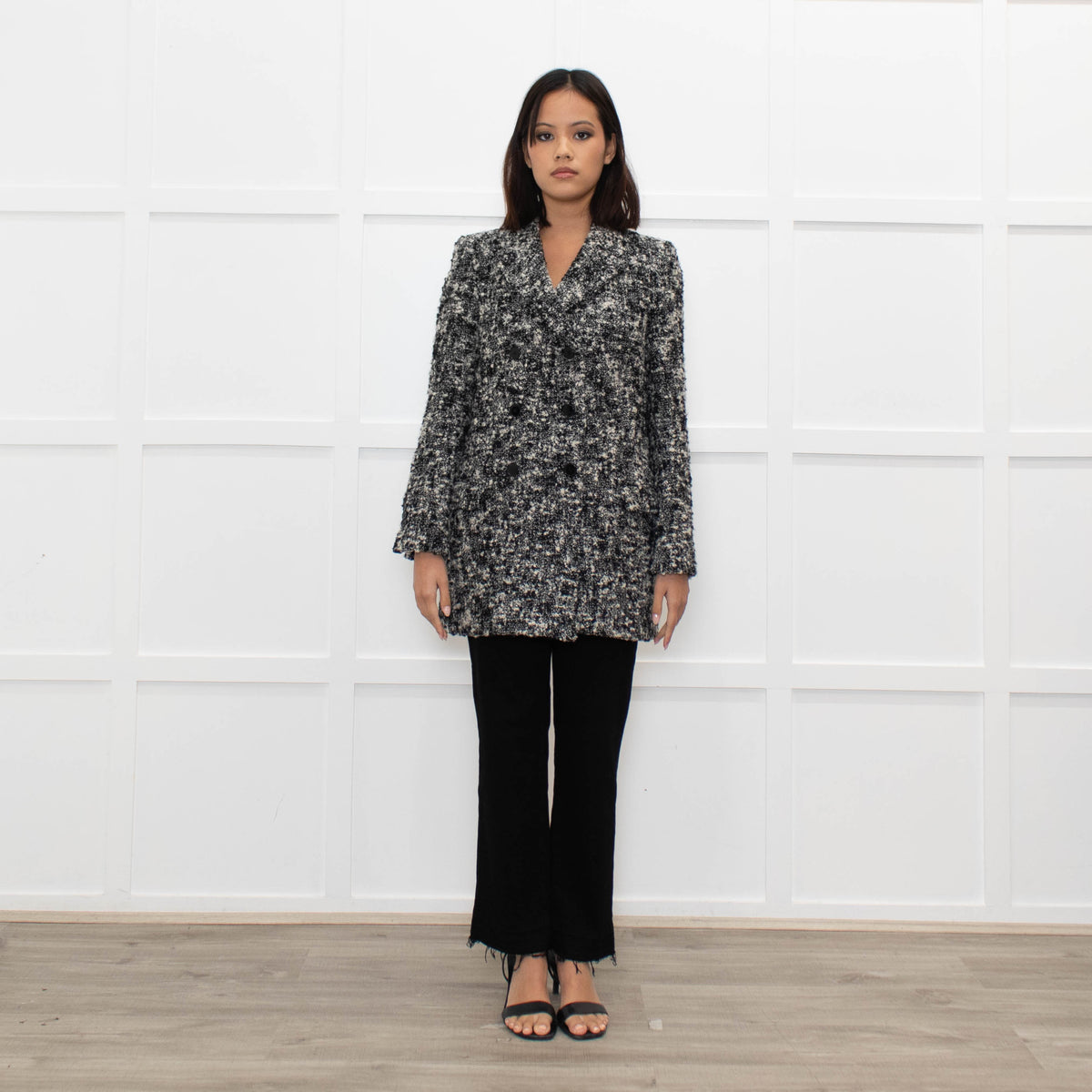 The Kooples Black Cream Melange Tweedy Short Coat