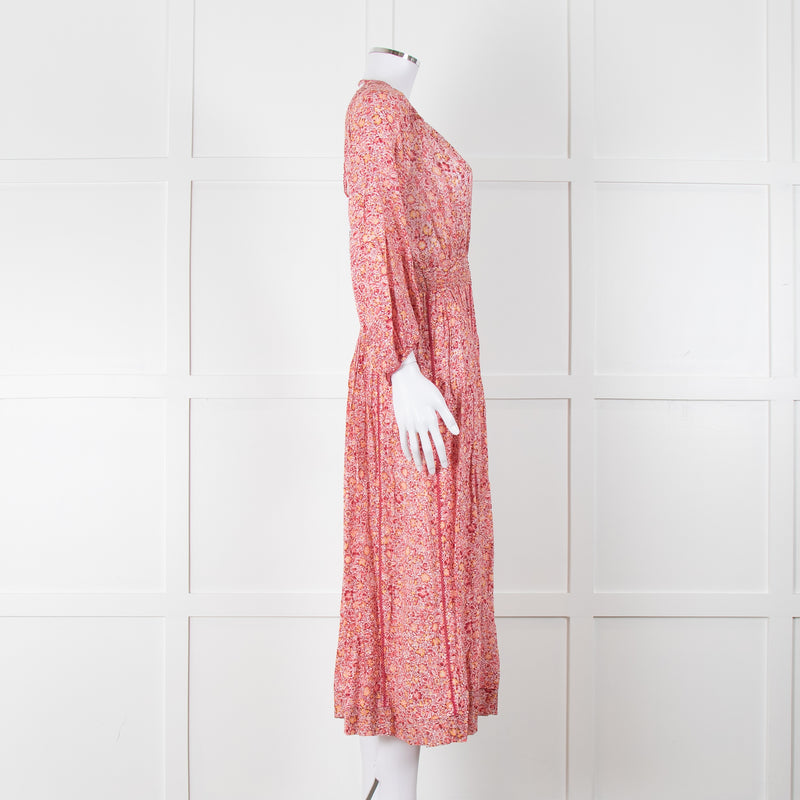 Poupette St Barth Pink Floral Long Sleeve Midi Dress
