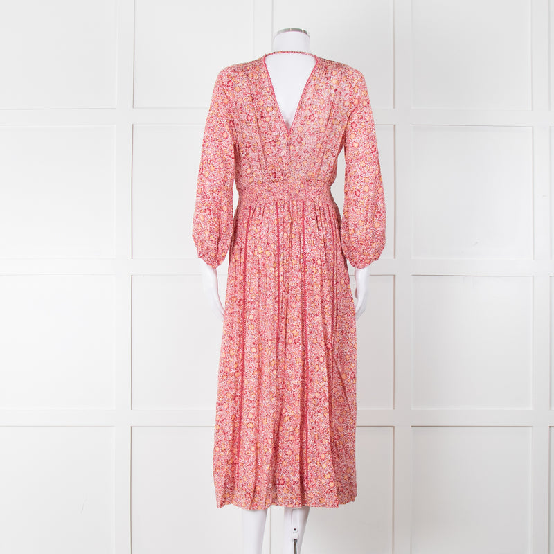 Poupette St Barth Pink Floral Long Sleeve Midi Dress