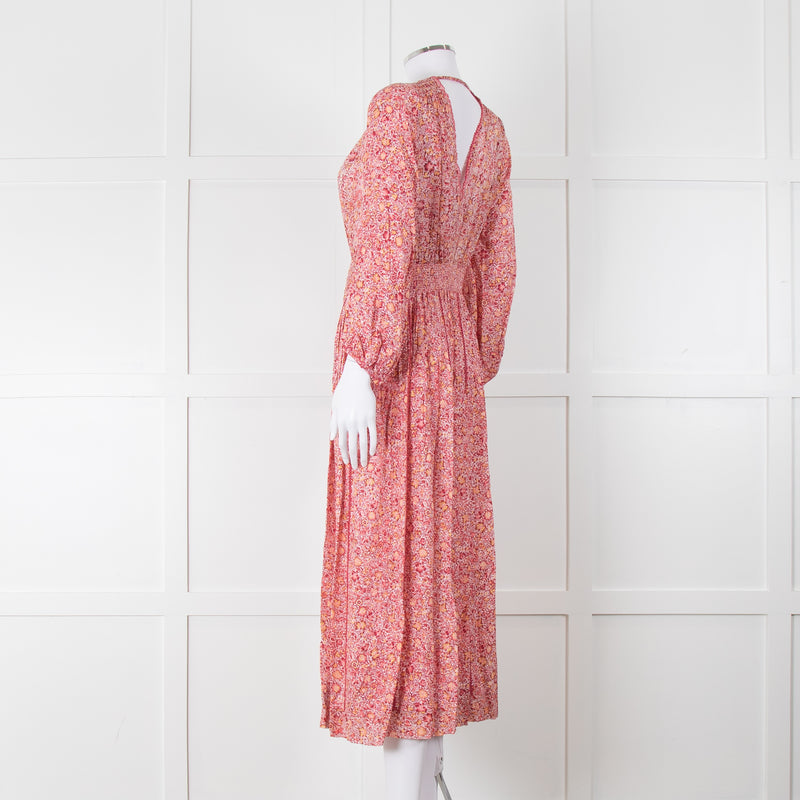 Poupette St Barth Pink Floral Long Sleeve Midi Dress