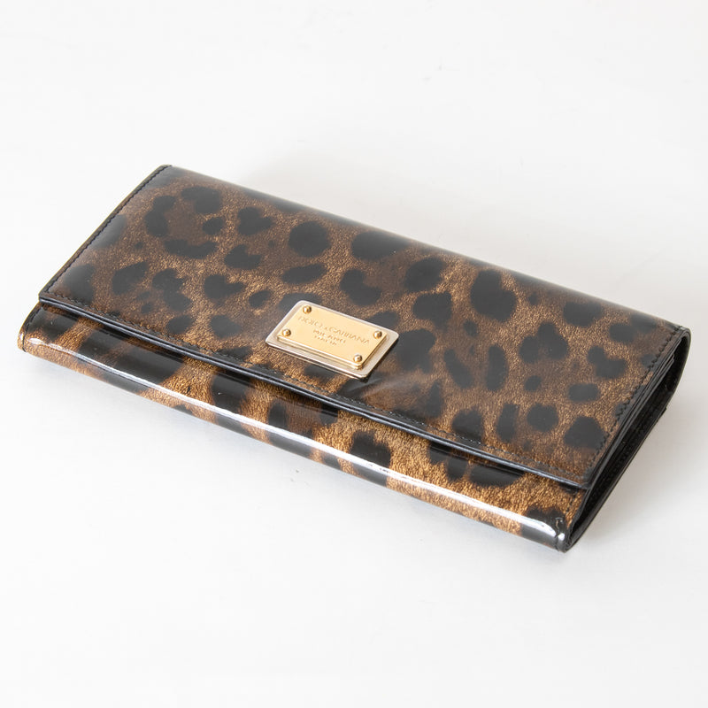 Dolce Gabbana Brown Animal Print Patent Foldover Wallet Phoenix Style