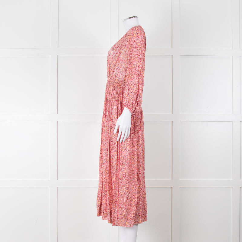 Poupette St Barth Pink Floral Long Sleeve Midi Dress