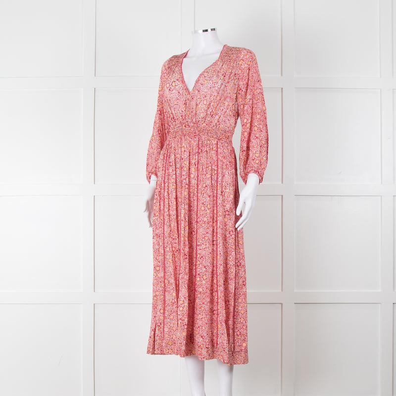 Poupette St Barth Pink Floral Long Sleeve Midi Dress