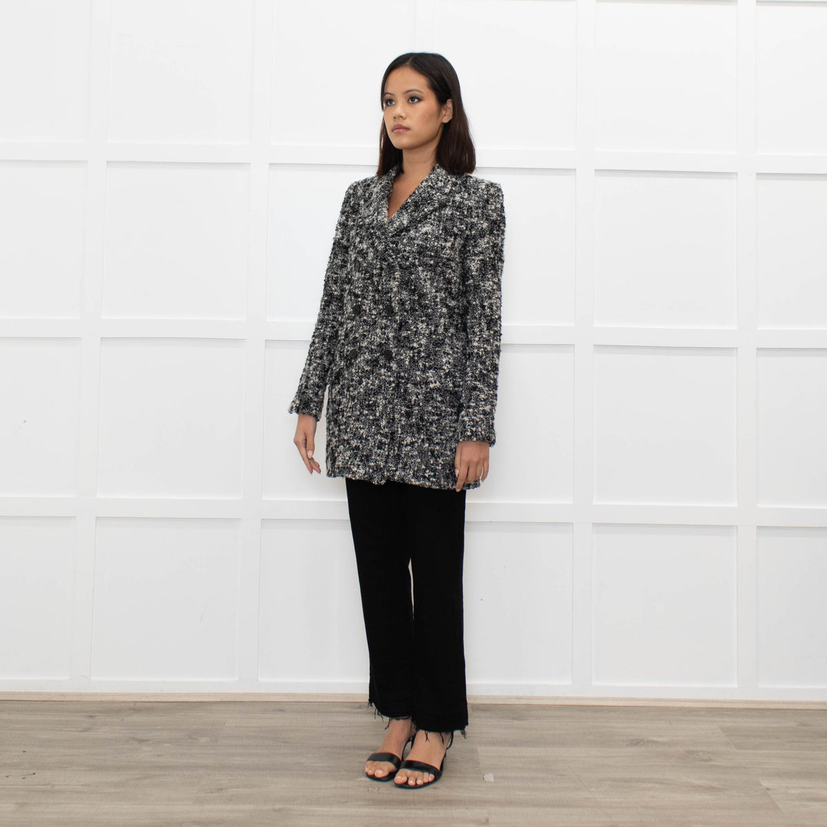 The Kooples Black Cream Melange Tweedy Short Coat
