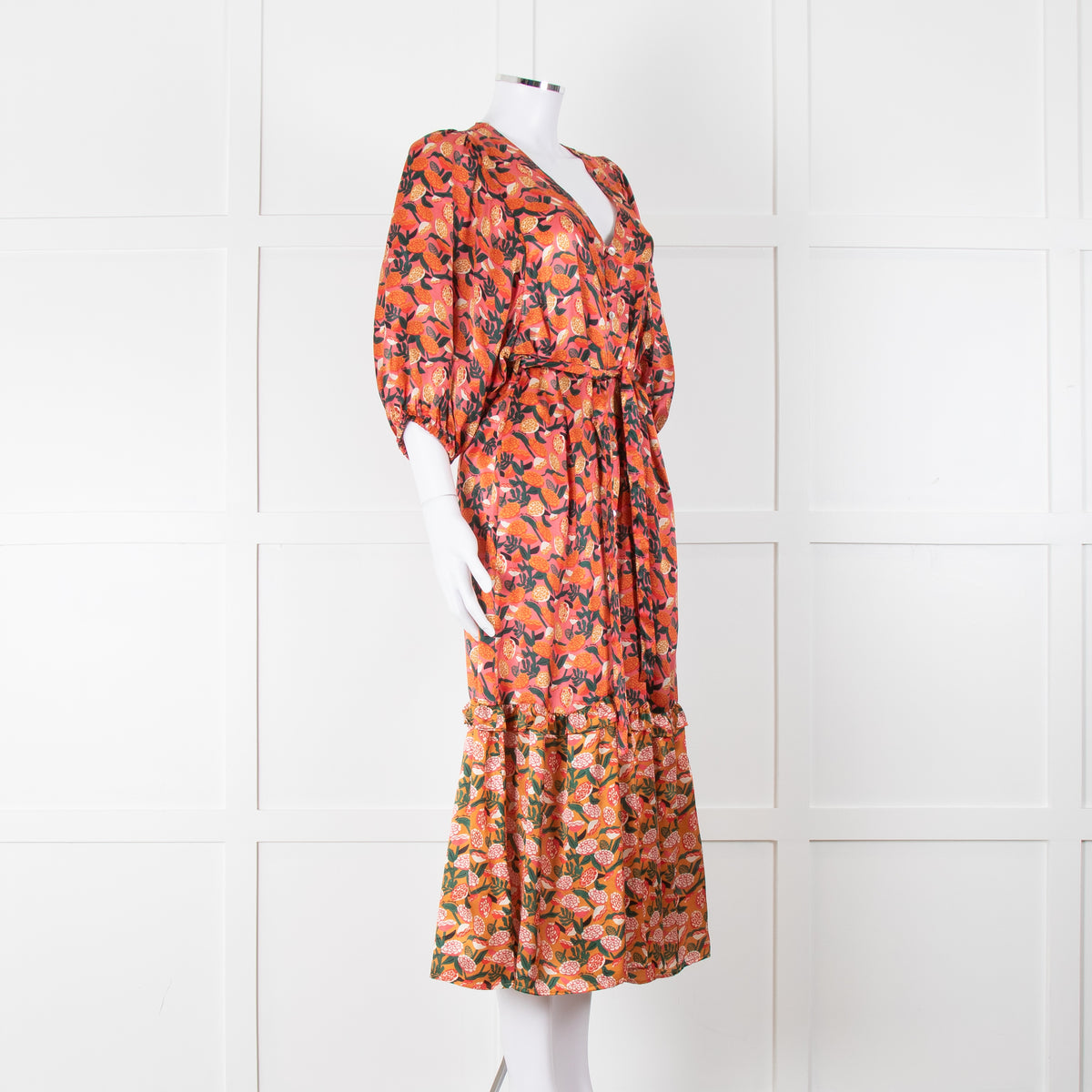 Emily Lovelock Pink Orange Button Front Silk Midi Dress