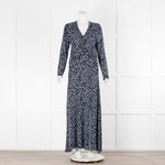 Rixo Black Blue Knit Animal Print Long Sleeve Maxi Dress