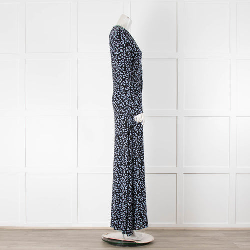Rixo Black Blue Knit Animal Print Long Sleeve Maxi Dress