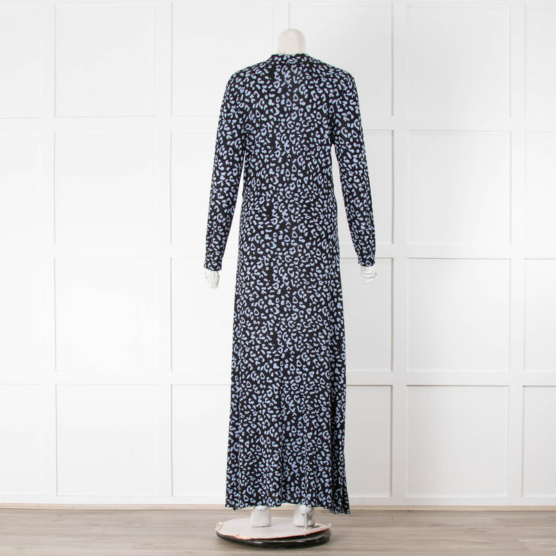 Rixo Black Blue Knit Animal Print Long Sleeve Maxi Dress
