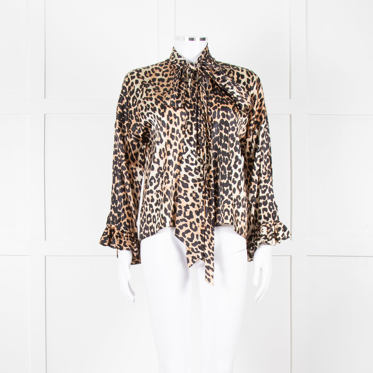 Ganni Leopard Silk Tie Neck Blouse with Fluted Cuffs