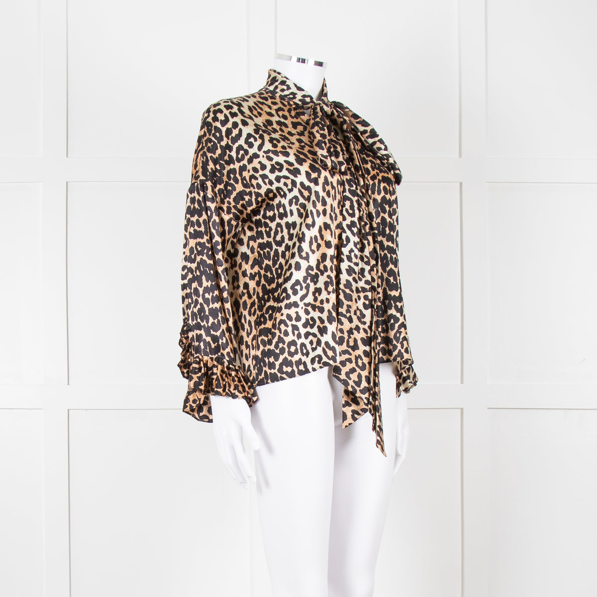 Ganni Leopard Silk Tie Neck Blouse with Fluted Cuffs