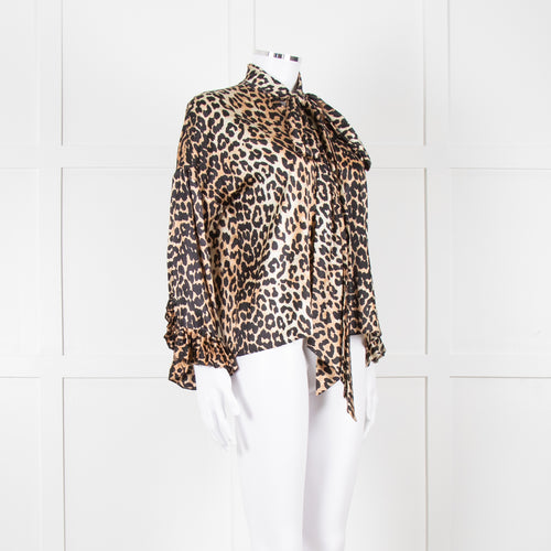 Ganni Leopard Silk Tie Neck Blouse with Fluted Cuffs