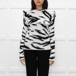 Philosophy White Black Print Frill Shoulders Knitted Top