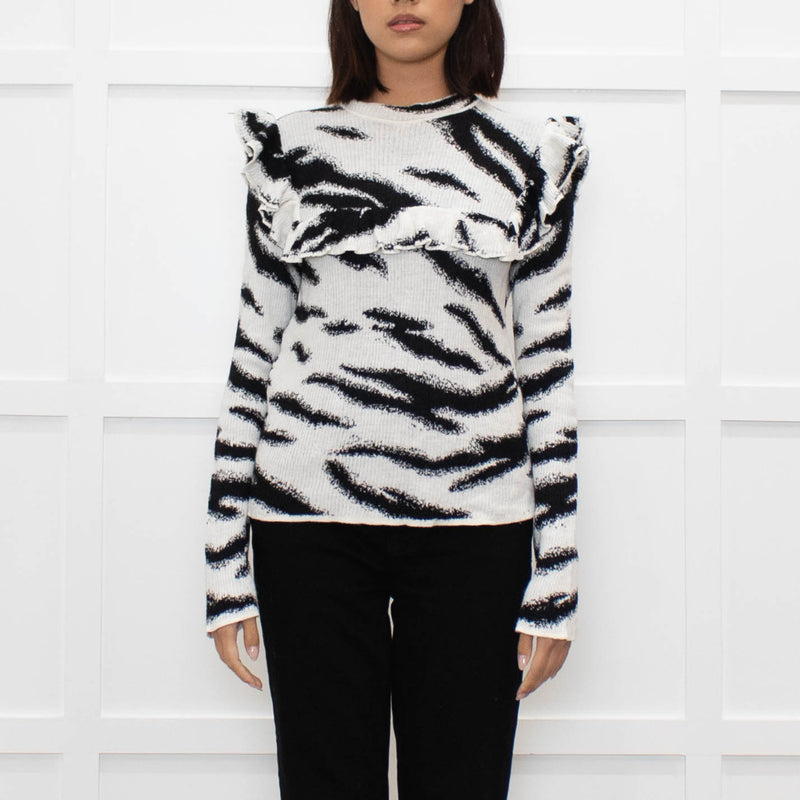 Philosophy White Black Print Frill Shoulders Knitted Top