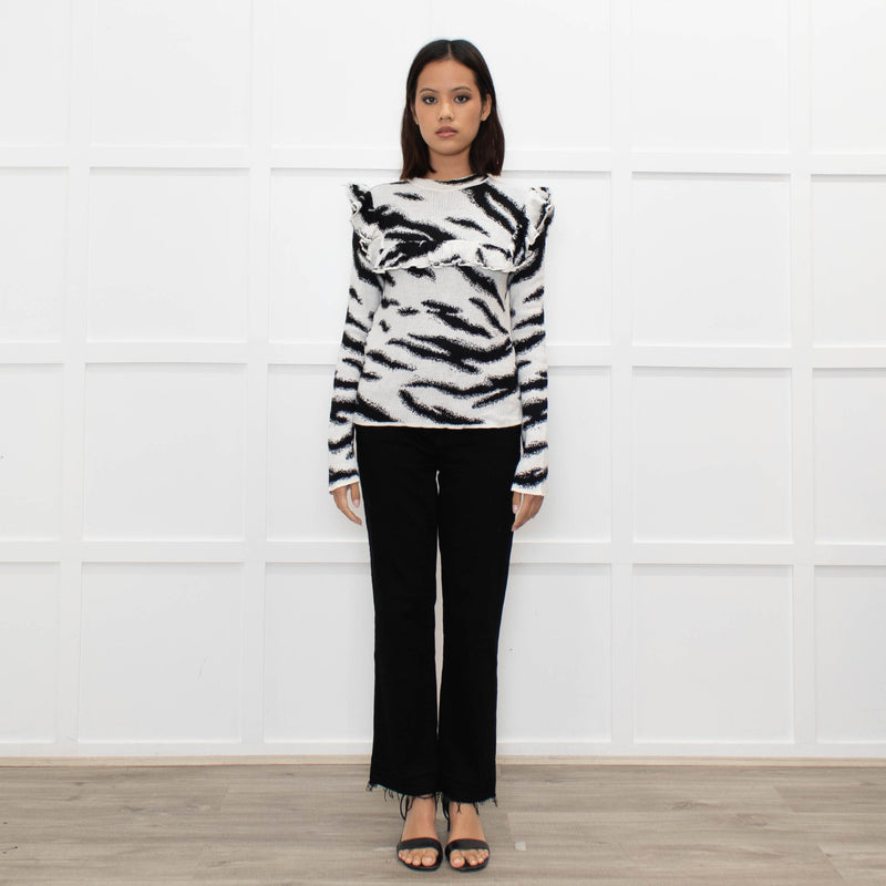 Philosophy White Black Print Frill Shoulders Knitted Top