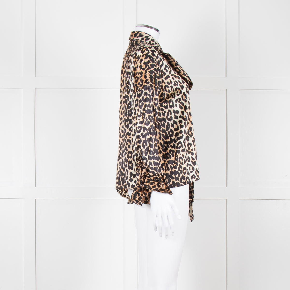 Ganni Leopard Silk Tie Neck Blouse with Fluted Cuffs